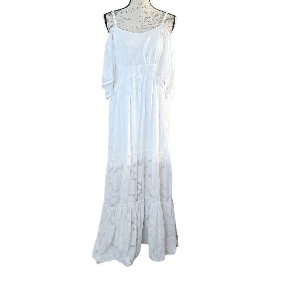 VenusβWomen's Size 12 White Floral Pattern Sheer Off Shoulder Tiered Maxi Dress